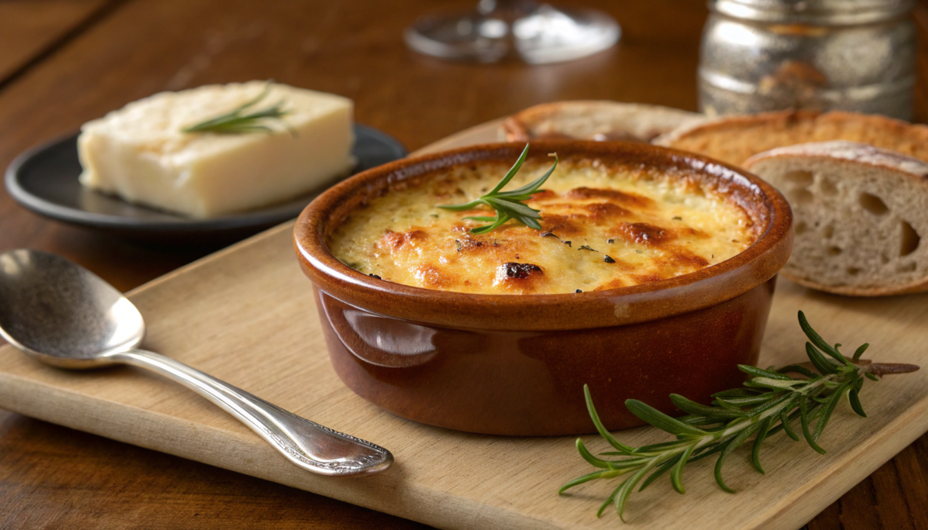 Close-up of a savory crab brûlée, featuring creamy custard infused with crab meat and topped with a caramelized sugar crust, elegantly presented for a gourmet dining experience.