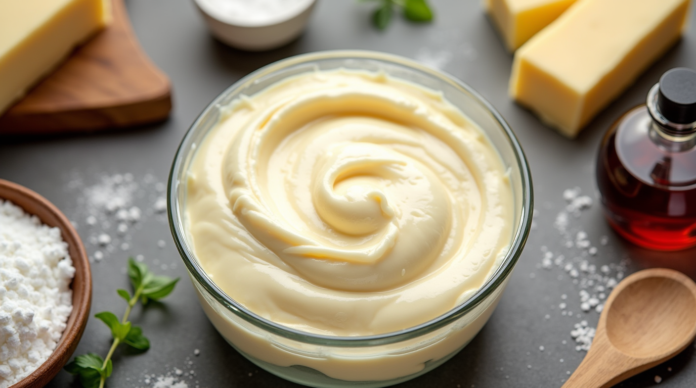 A glass bowl filled with smooth cream cheese filling surrounded by ingredients, including cream cheese blocks, powdered sugar, and vanilla.