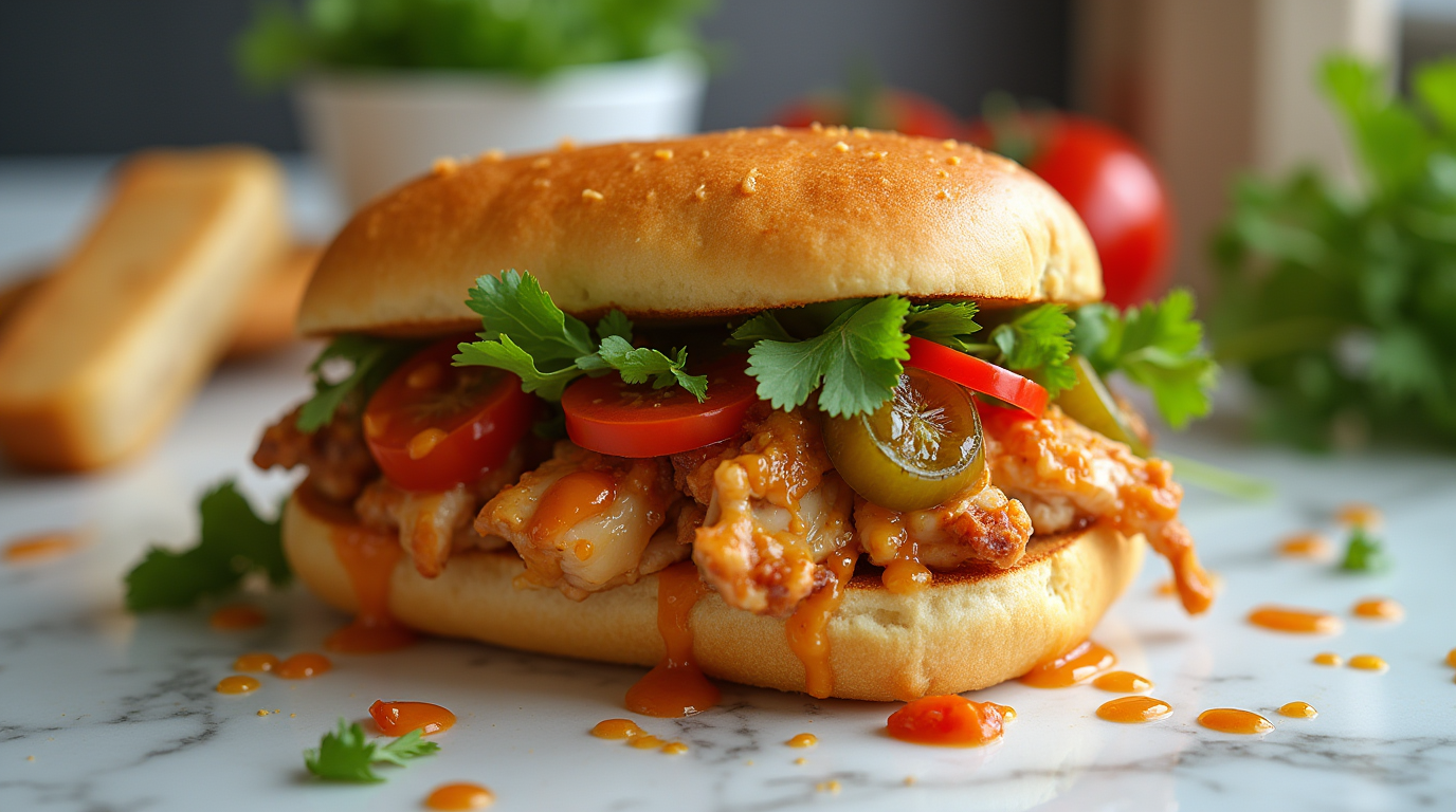 A close-up view of a pan con pollo sandwich filled with tender chicken, vibrant veggies, and cilantro, ready to be enjoyed.