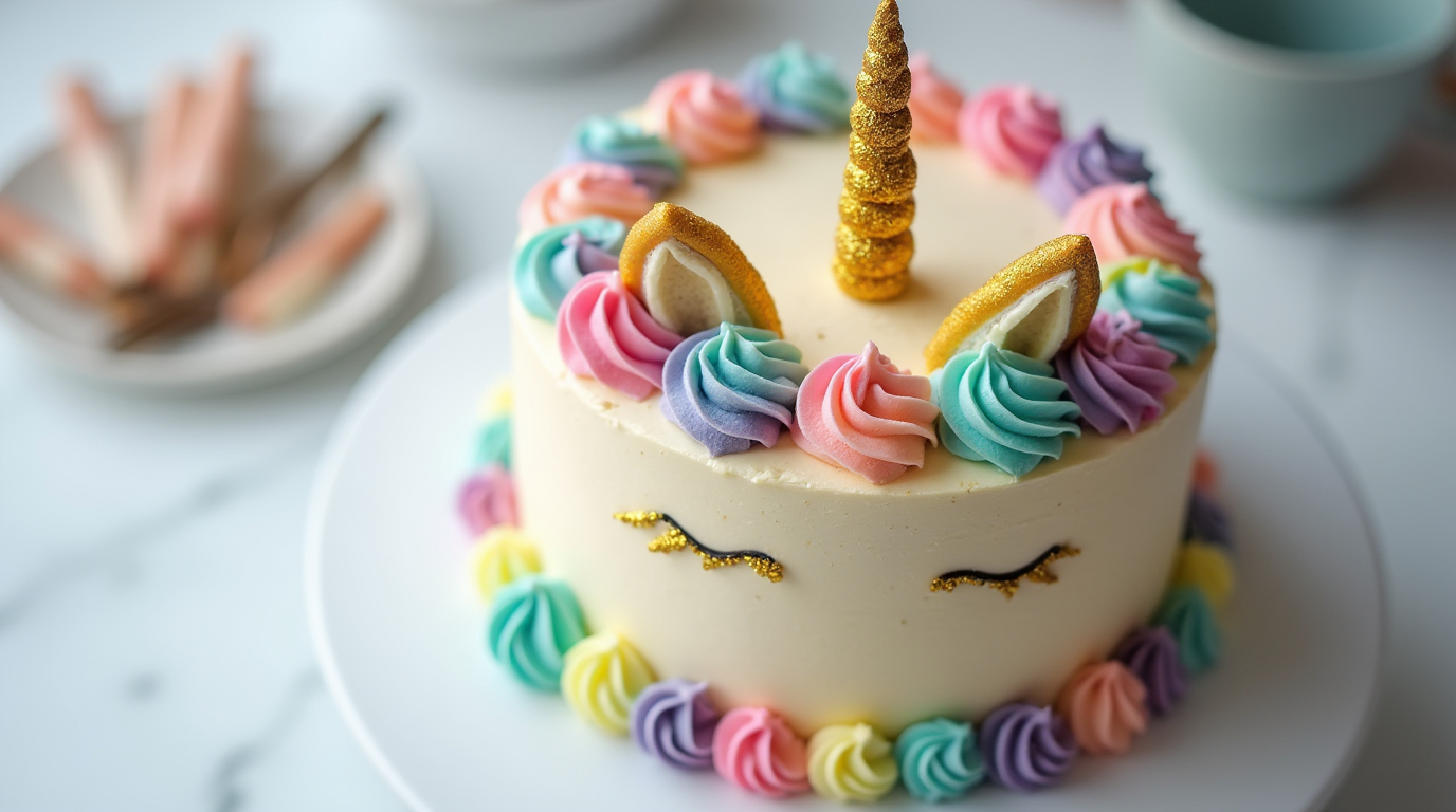 Magical unicorn cake with pastel frosting and colorful decorations on a white cake stand.