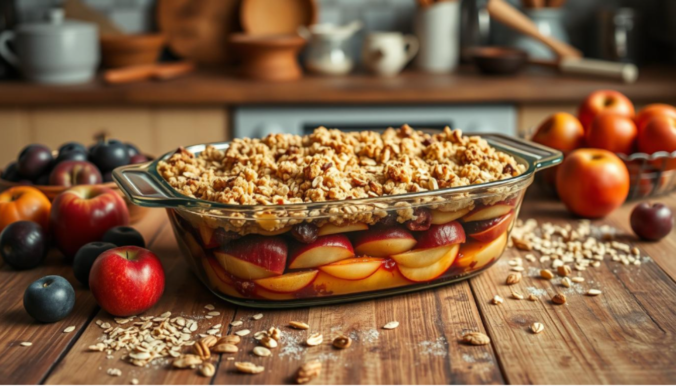 A warm, golden-brown crumble dessert with a crispy topping and fruit filling, served in a dish.