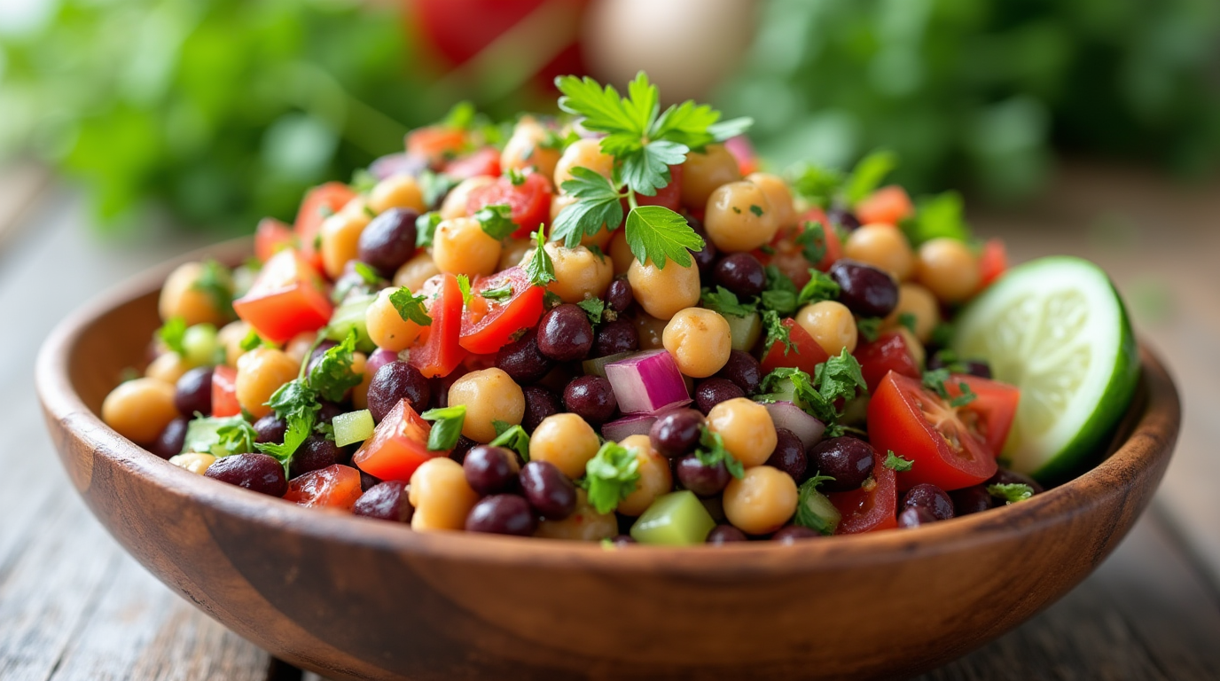 A hearty and colorful dense bean salad with a mix of beans, vegetables, and a tangy vinaigrette dressing.