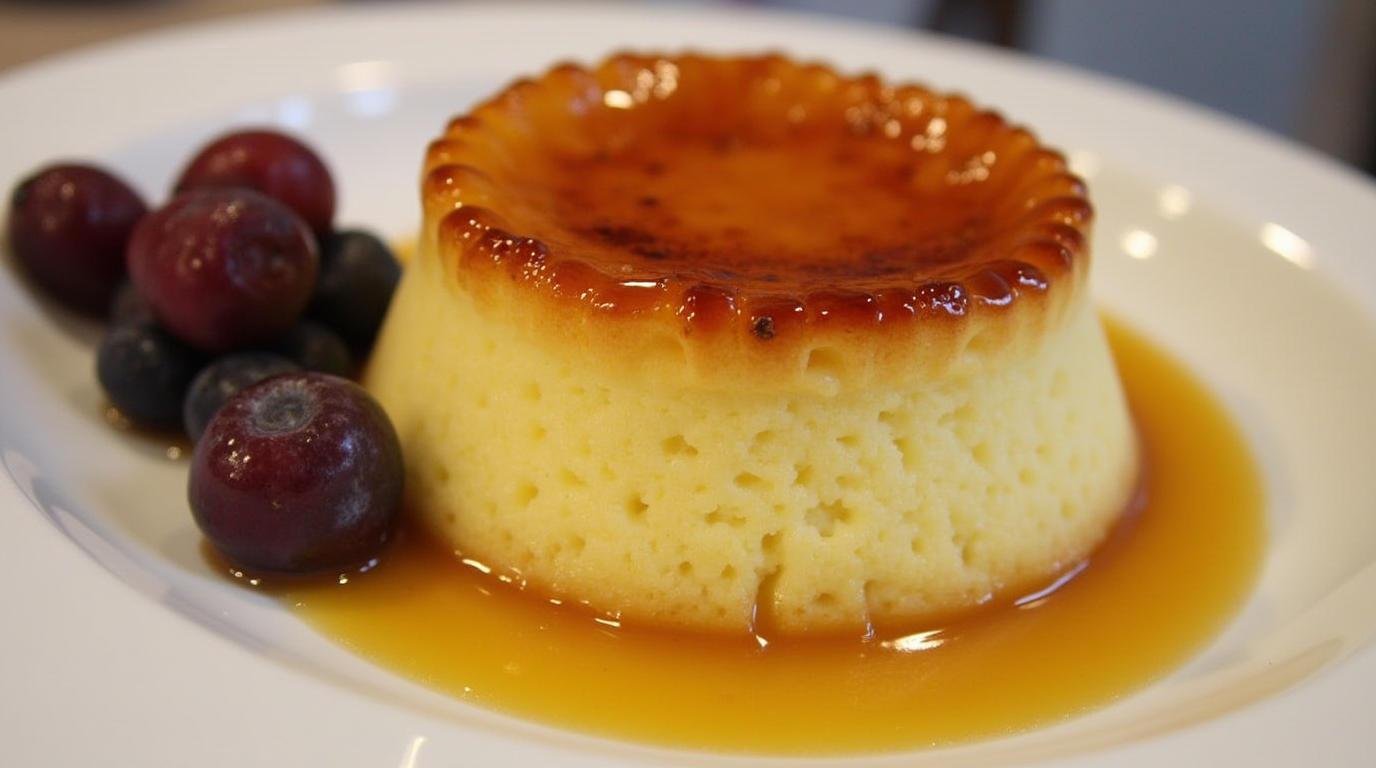 Close-up of crème brûlée with a caramelized sugar crust and creamy vanilla custard.