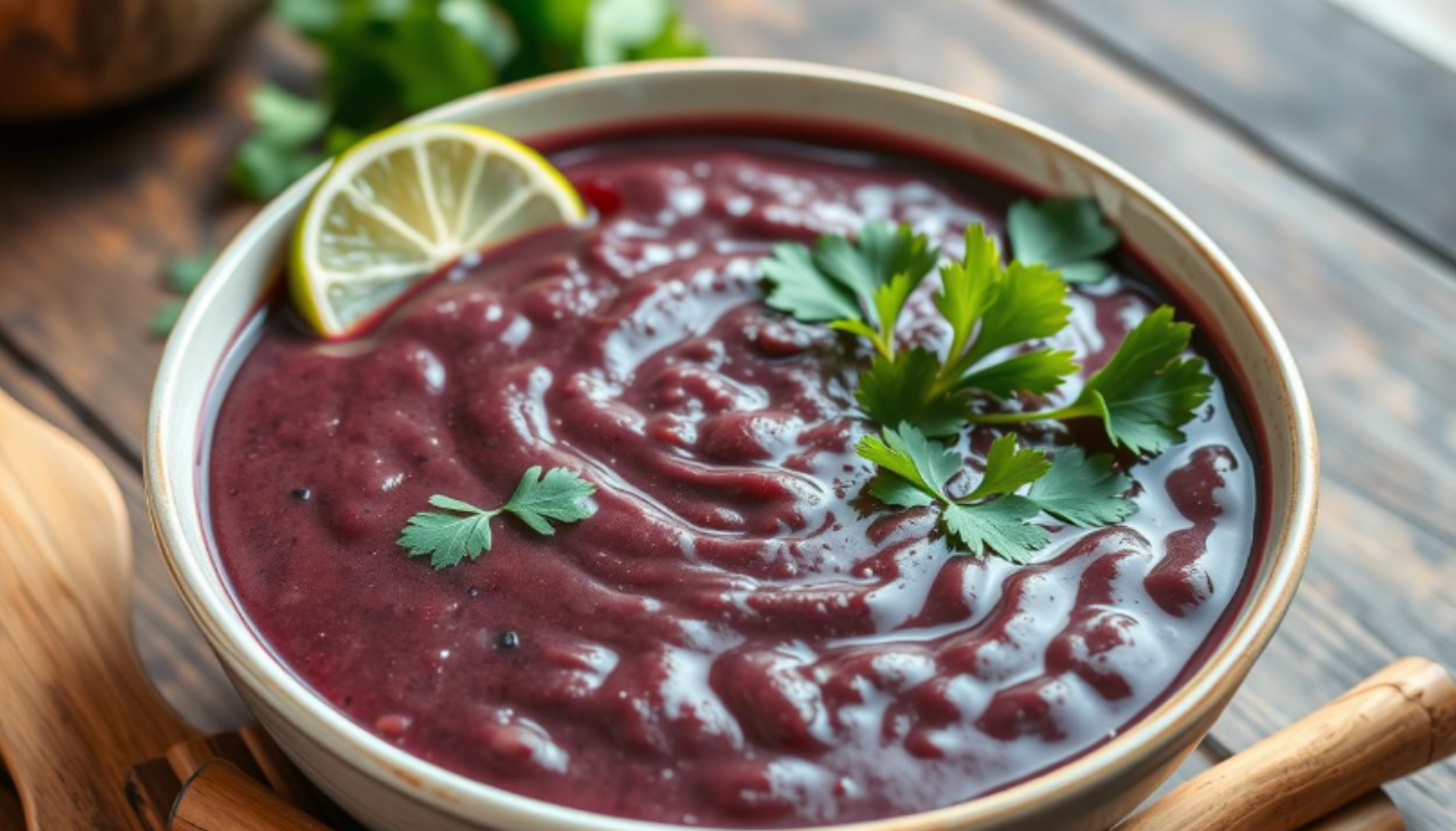 A bowl of homemade black bean soup, topped with cilantro, sour cream, and a squeeze of lime.