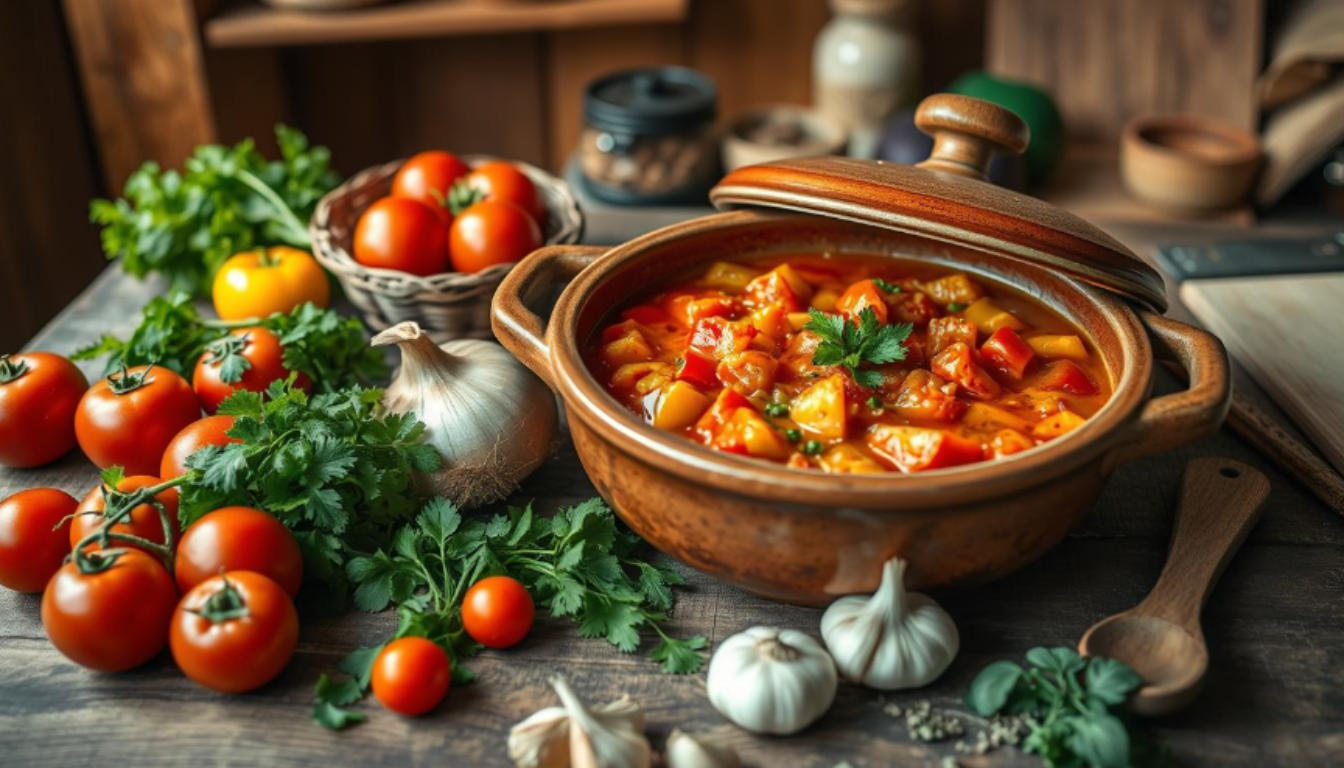 A hearty bowl of Chilean tomato stew with chunks of pumpkin, potatoes, and beans, garnished with fresh cilantro.