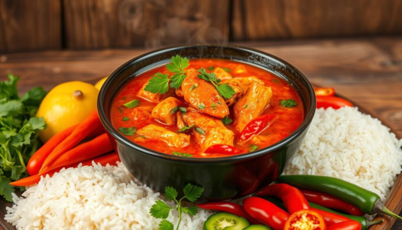 A steaming bowl of Chopt spicy chicken soup with rice, garnished with fresh herbs and chili flakes.