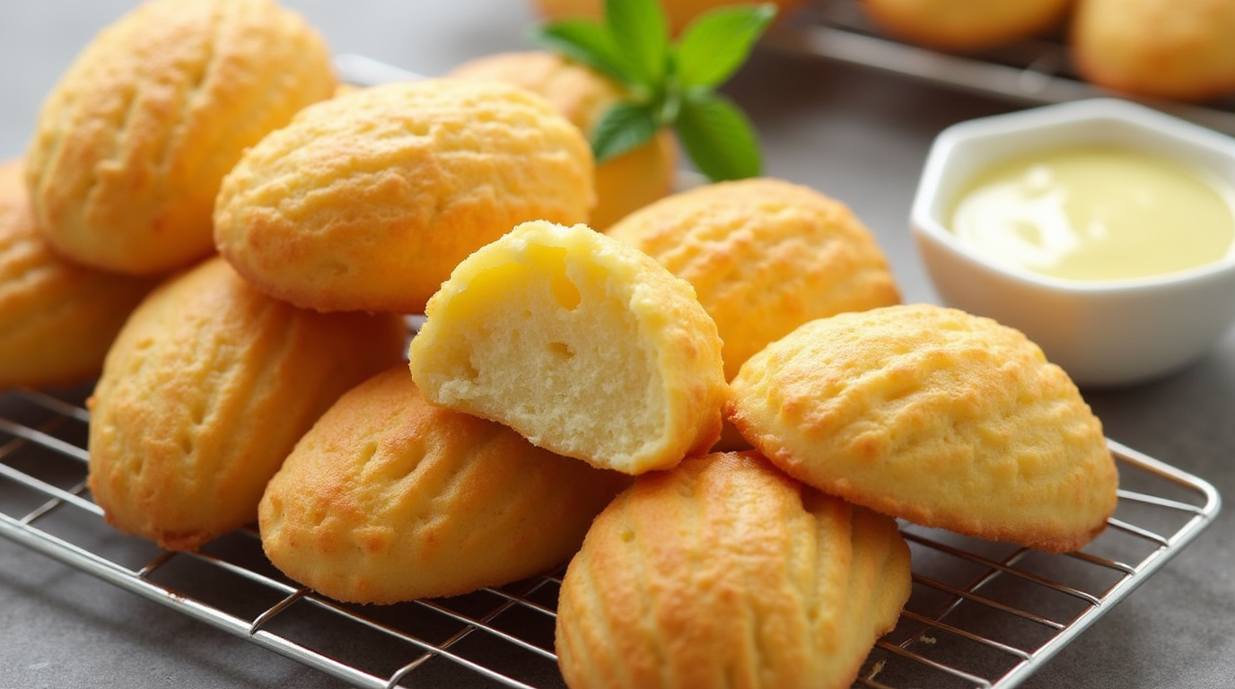 Delicious madeleines with a soft, moist texture, served on a plate with a hint of powdered sugar.
