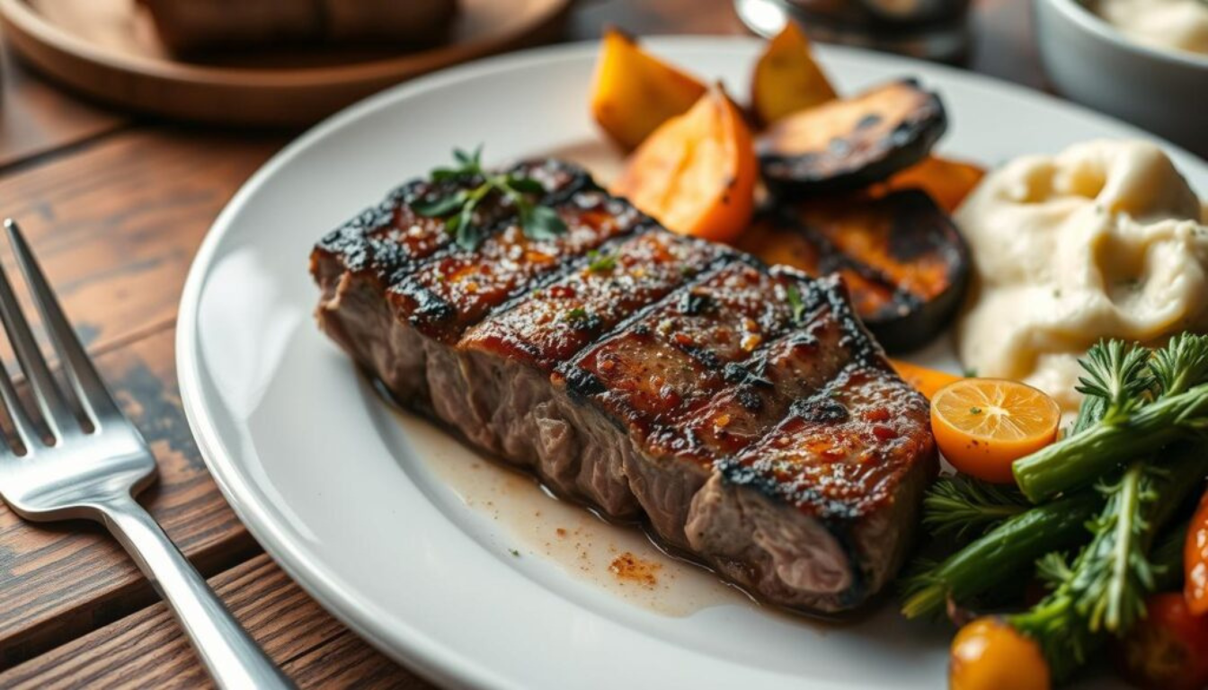 Juicy and tender deer meat cube steak served on a rustic plate with sides of mashed potatoes and green beans