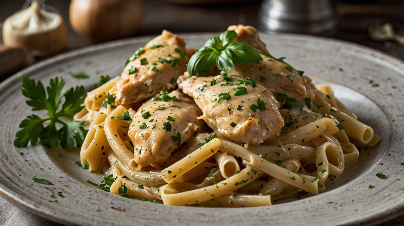 Garlic Parmesan chicken pasta with tender chicken, creamy sauce, and topped with fresh parsley.