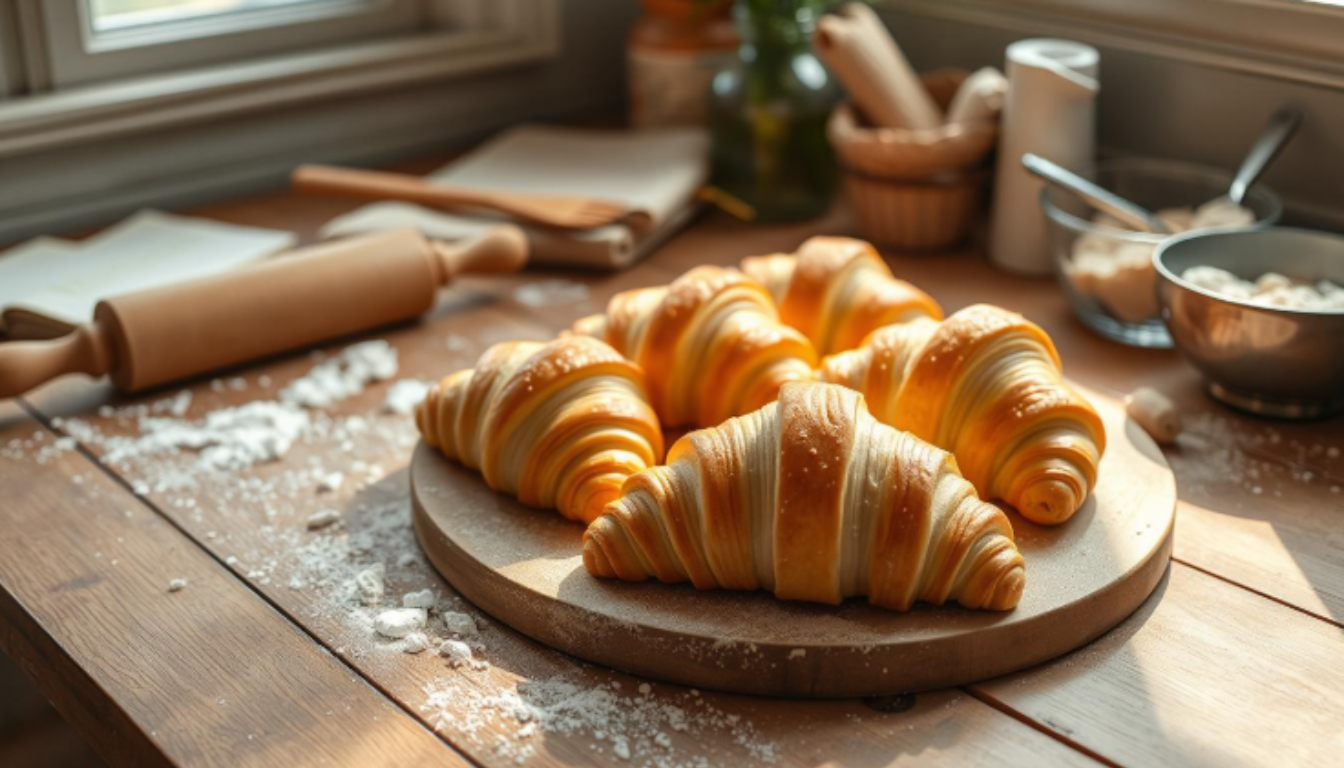 Freshly baked gipfeli (Swiss croissants), golden and flaky, served on a wooden board.