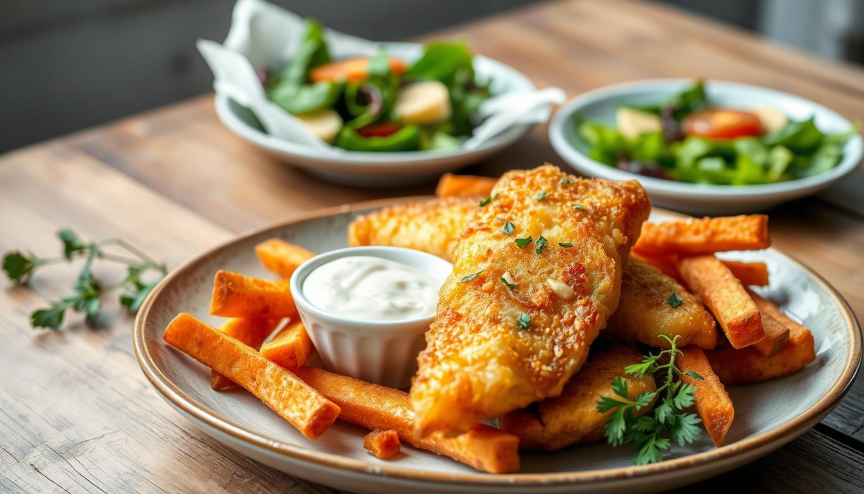 Lectin-free fish and chips recipe with crispy fish and roasted sweet potato fries served with a healthy dip.