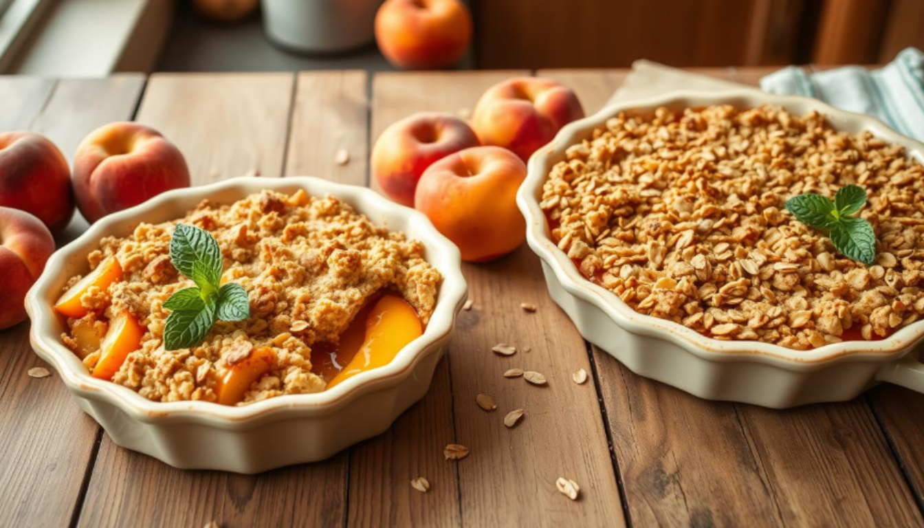 A warm peach crumble with a golden, buttery topping and juicy peach filling, served with a scoop of vanilla ice cream.