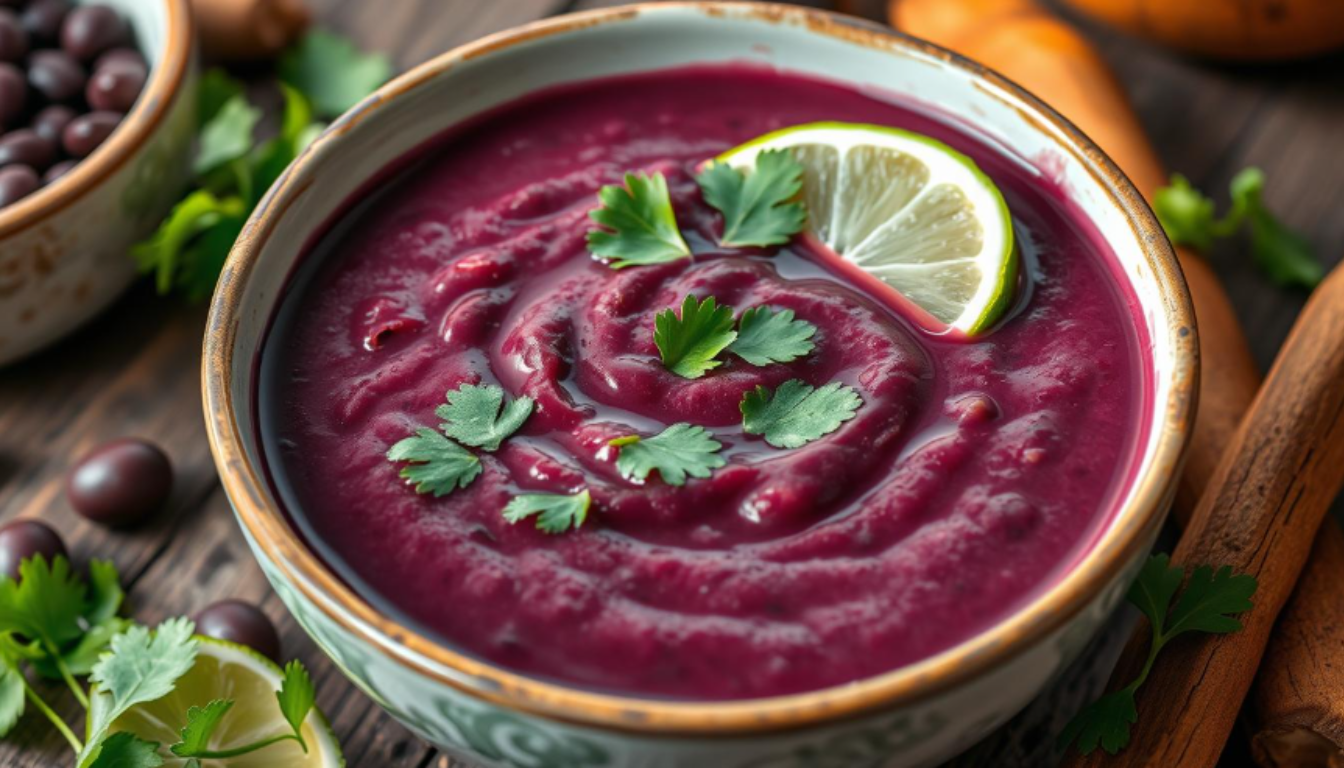 A vibrant bowl of purple black bean soup, garnished with cilantro and a squeeze of lime.