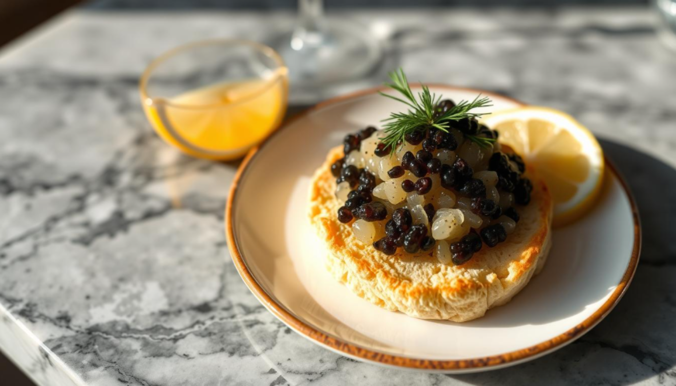 Golden crumpets topped with premium caviar, served with a dollop of crème fraîche and fresh herbs.