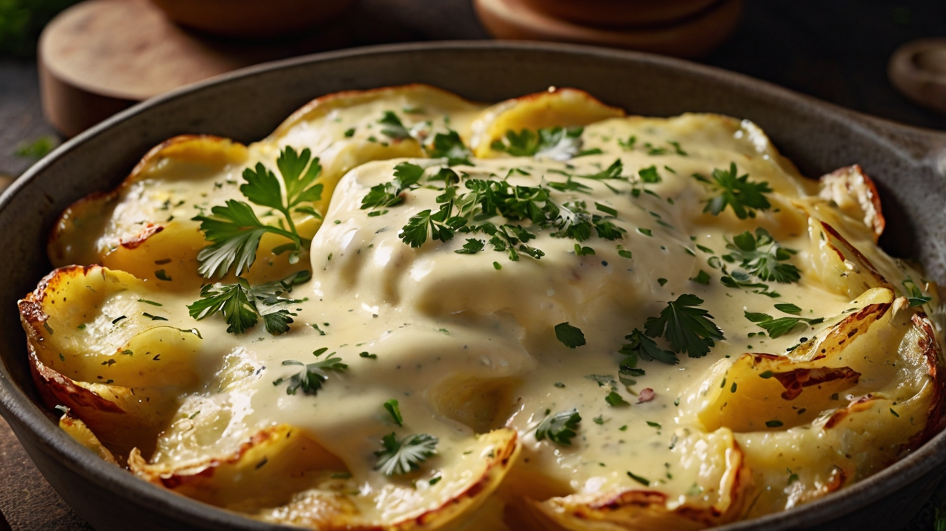 A creamy dish of scalloped potatoes topped with golden melted cheese powder, garnished with fresh parsley and served in a white casserole dish.