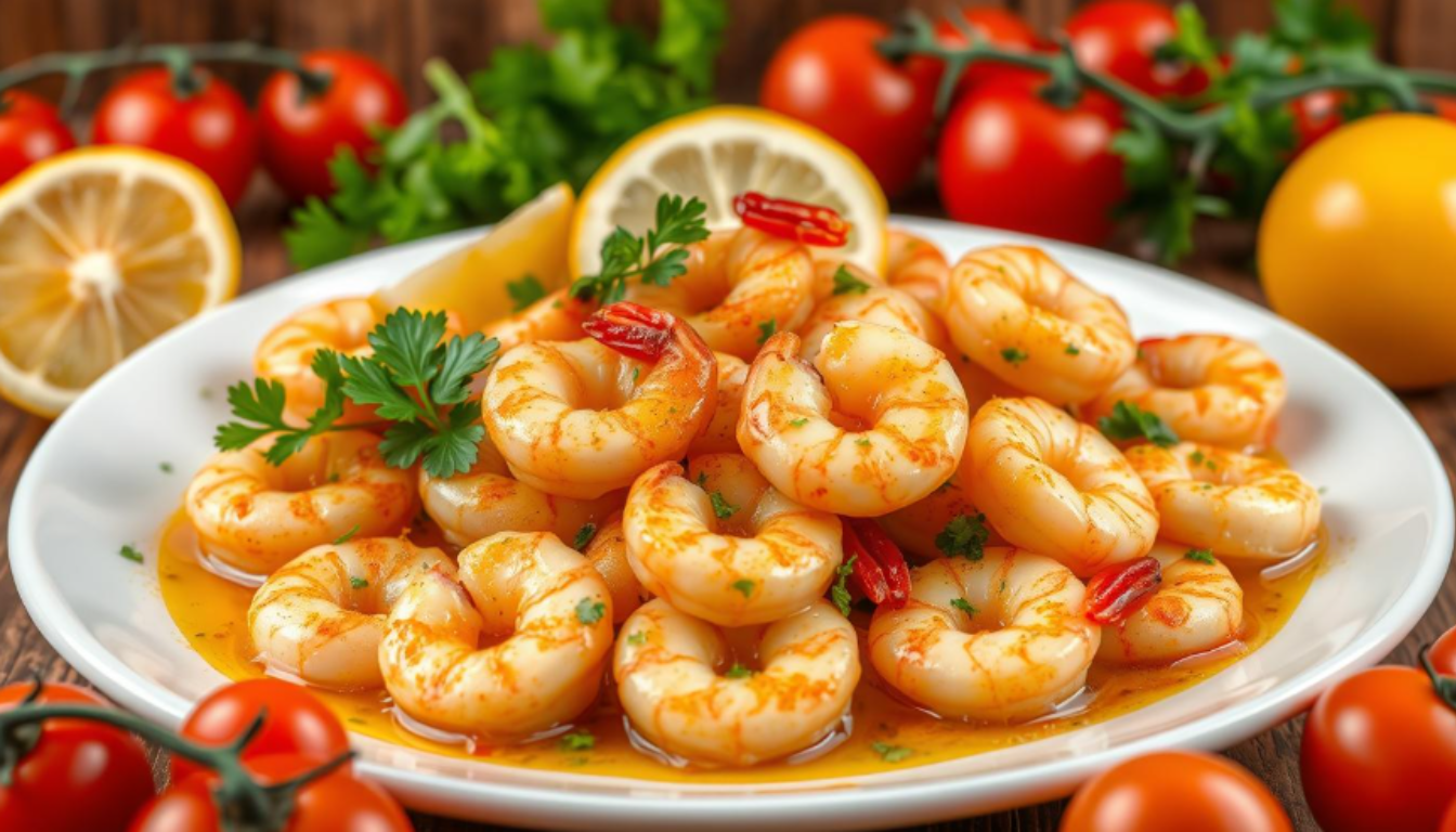 Succulent shrimp cooked in a rich garlic butter sauce, garnished with fresh parsley and lemon wedges.