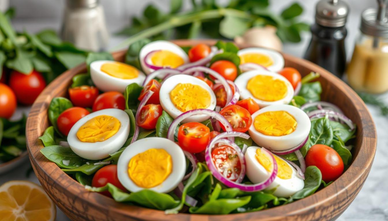 Fresh spinach salad topped with sliced boiled eggs, cherry tomatoes, and a light vinaigrette dressing.