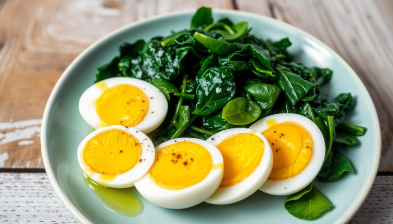 Healthy spinach salad with boiled eggs, topped with a light vinaigrette dressing.