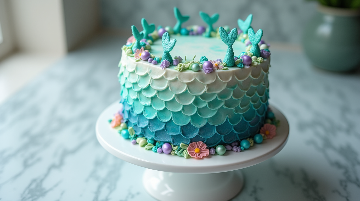 Beautiful mermaid cake with ocean-inspired colors, fondant mermaid tails, and edible pearls on a white cake stand.