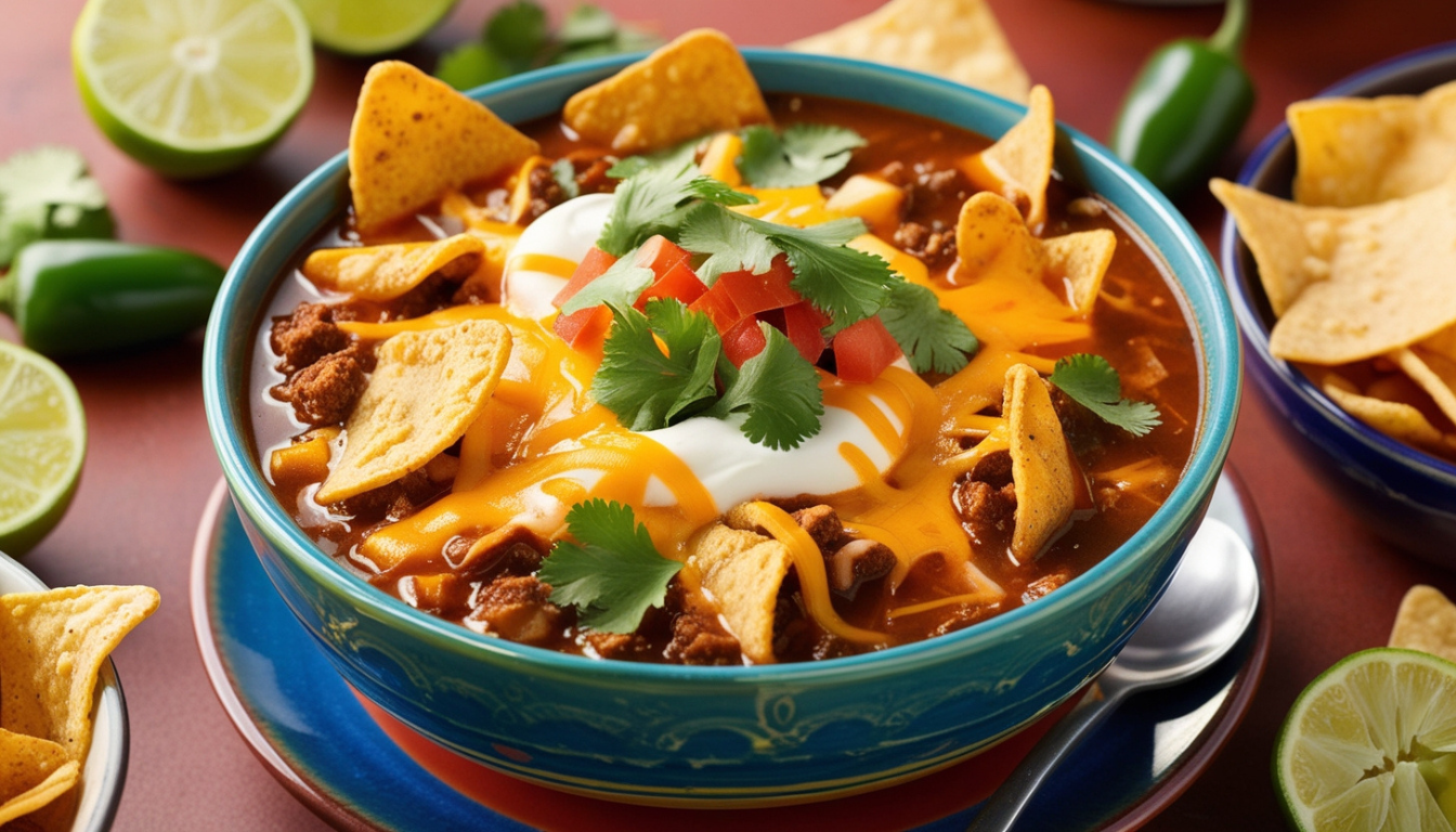 A comforting bowl of taco soup Frios recipe with ground beef, beans, corn, and vibrant toppings like avocado, cilantro, and shredded cheese.