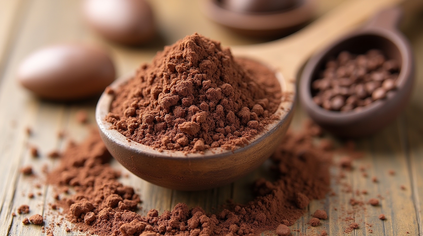 Close-up of chocolate powder in a bowl, showcasing its fine texture and rich color.