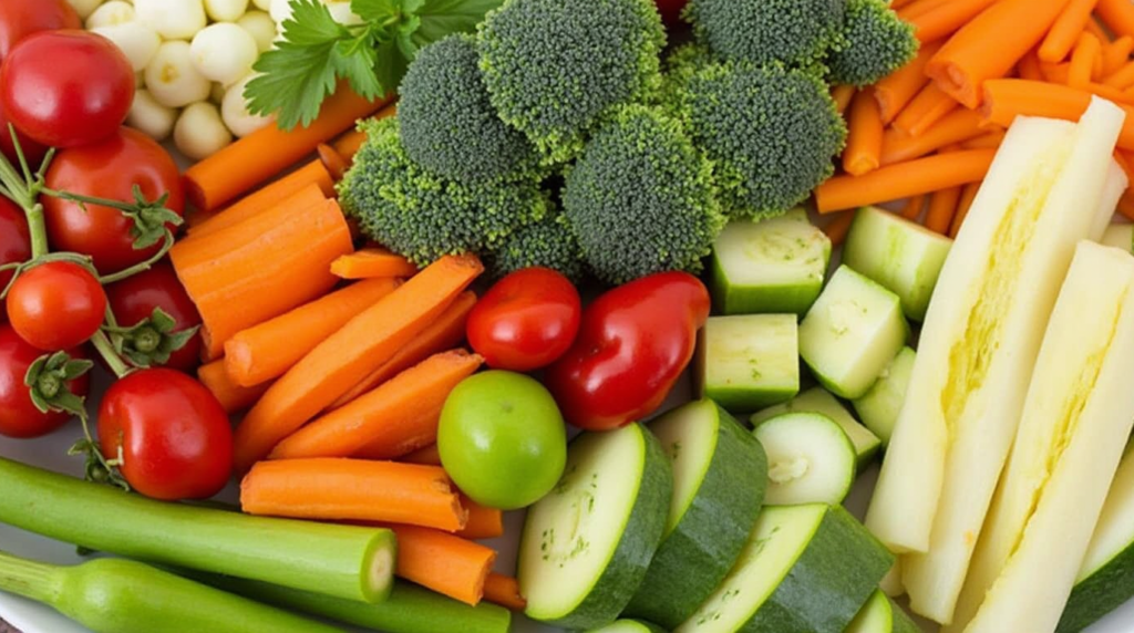 Colorful vegetable tray featuring a variety of fresh veggies like carrots, cucumbers, bell peppers, and cherry tomatoes