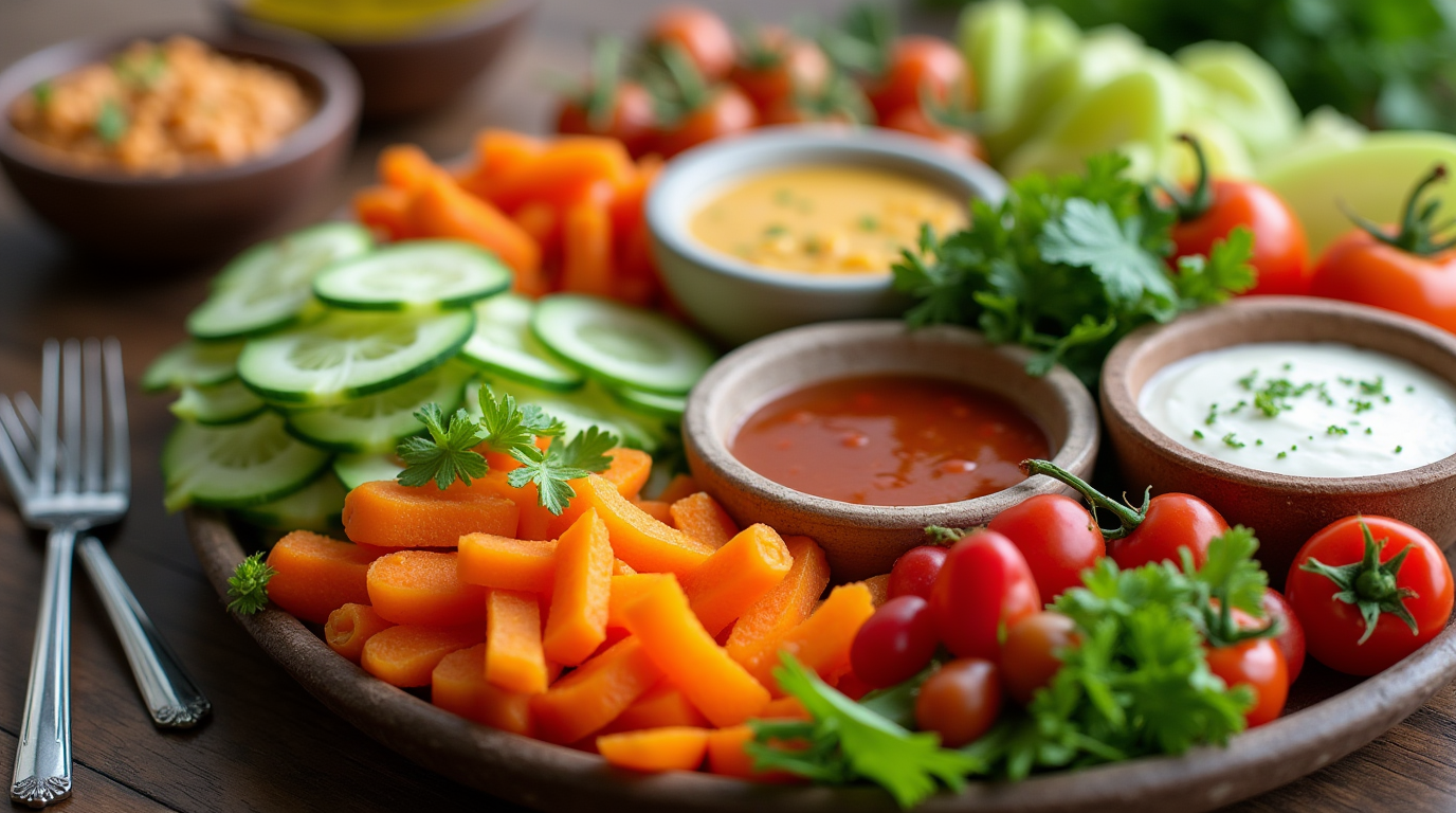 Colorful vegetable tray featuring a variety of fresh veggies like carrots, cucumbers, bell peppers, and cherry tomatoes with a dipping sauce.