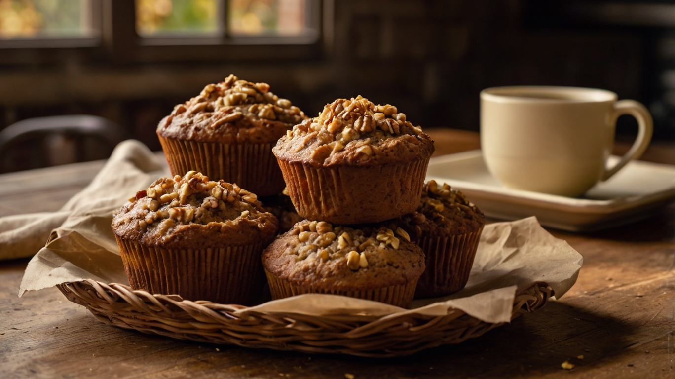 Freshly baked basic walnut muffins on a wooden board, garnished with walnut halves and served with a cup of coffee.