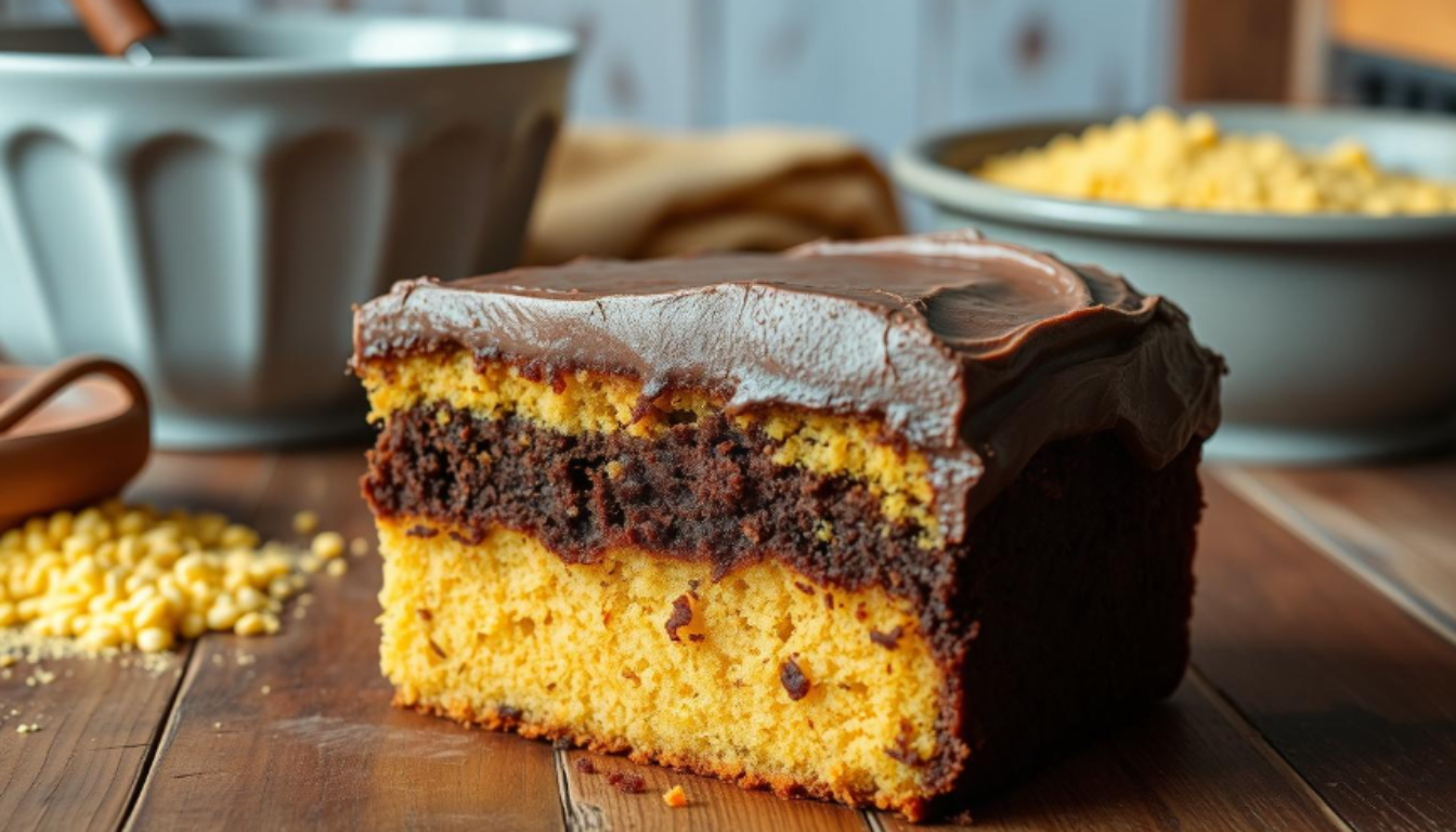 A slice of cornbread chocolate cake with a rich, fudgy texture and a drizzle of chocolate sauce.