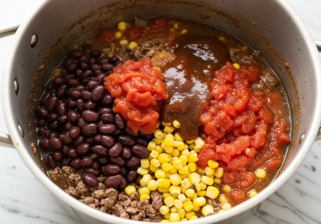 Black beans, kidney beans, corn, and diced tomatoes being added to the pot with beef.