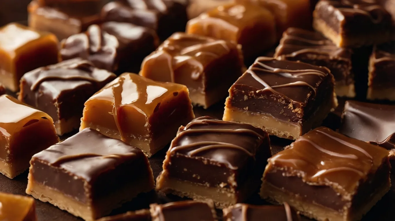 Smooth caramel-filled chocolate squares with a glossy finish, oozing rich caramel when broken.