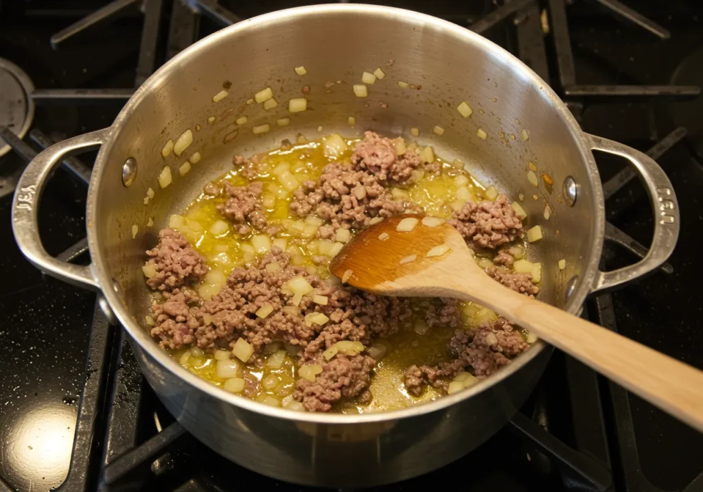 Ground beef being browned with chopped onions in a large pot, cooking in olive oil.
