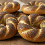 Freshly baked poppy seed bagel with a golden, crispy crust and a soft, fluffy interior.