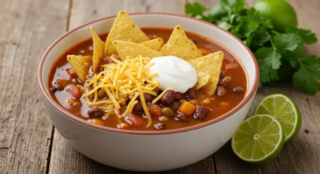 A bowl of taco soup topped with shredded cheese, sour cream, tortilla chips, and fresh cilantro.