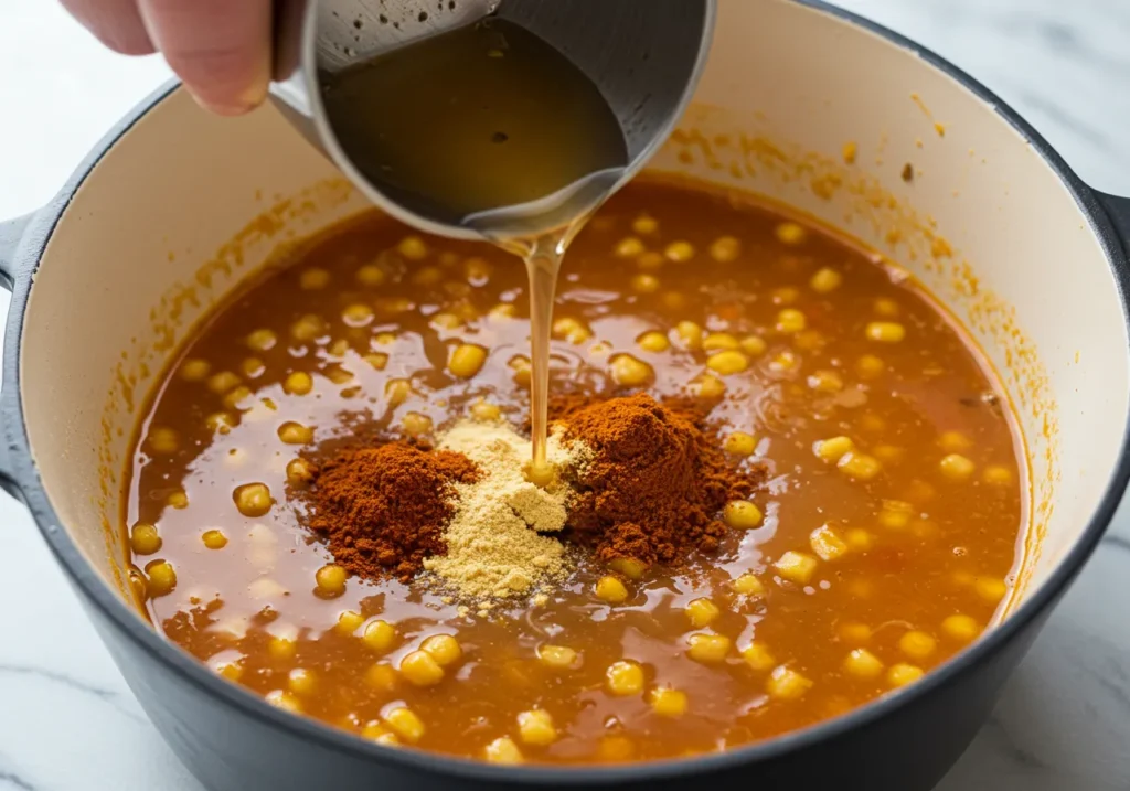 Taco soup simmering in a pot with all ingredients combined and bubbling gently.
