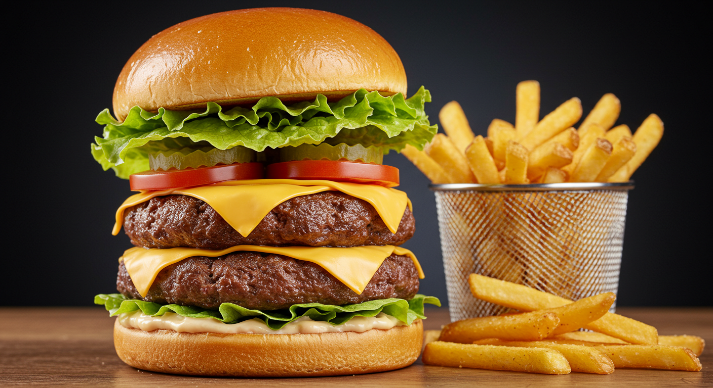 A classic All-American burger with a juicy beef patty, melted cheese, crisp lettuce, tomato, and a sesame seed bun, served with fries.