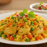 Traditional Arroz con Pollo Peruano served on a plate with vibrant green rice, tender chicken, and fresh cilantro garnish.