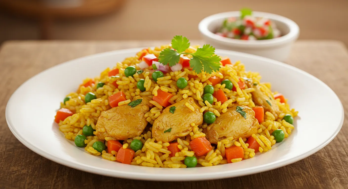 Traditional Arroz con Pollo Peruano served on a plate with vibrant green rice, tender chicken, and fresh cilantro garnish.