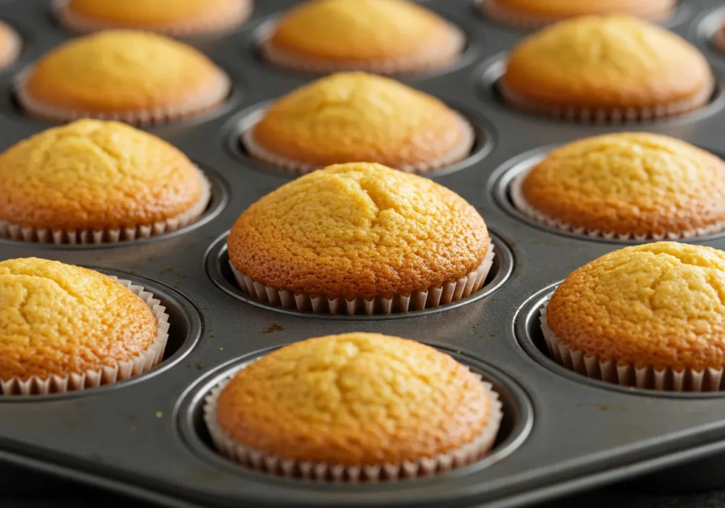 Baking egg cupcakes in the oven until golden brown and set.