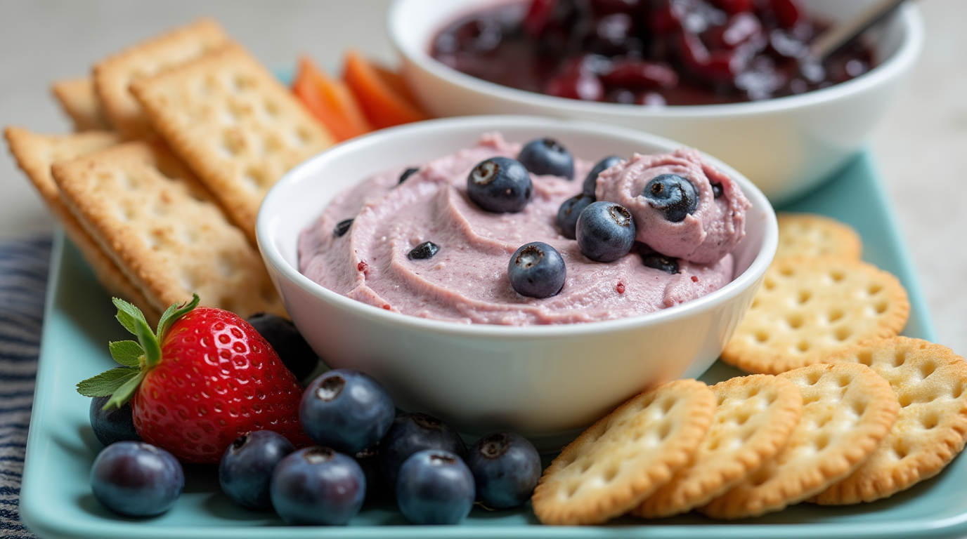 Blueberry cheese with a creamy texture and vibrant blue swirl, served on a platter with crackers.