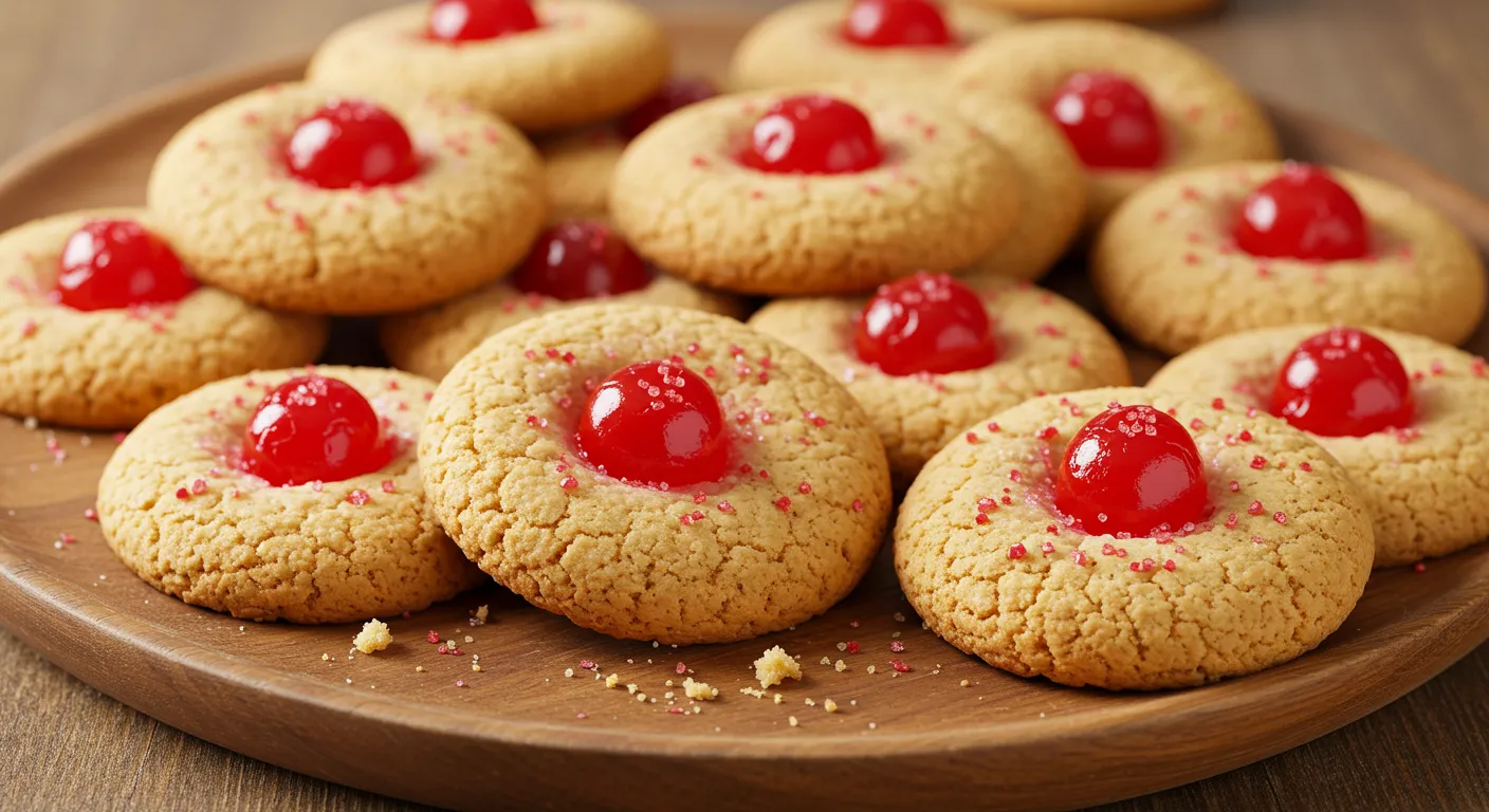 Cherry red dot cookies with vibrant red cherry centers on a rustic wooden plate.