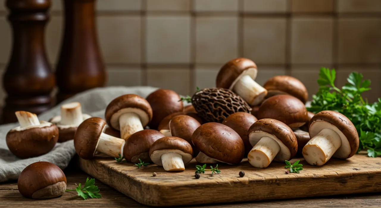 Fresh chestnut mushrooms with a rich brown color, displayed on a rustic wooden surface.