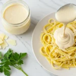 ar of Classico Alfredo Sauce with drizzled pasta on marble counter