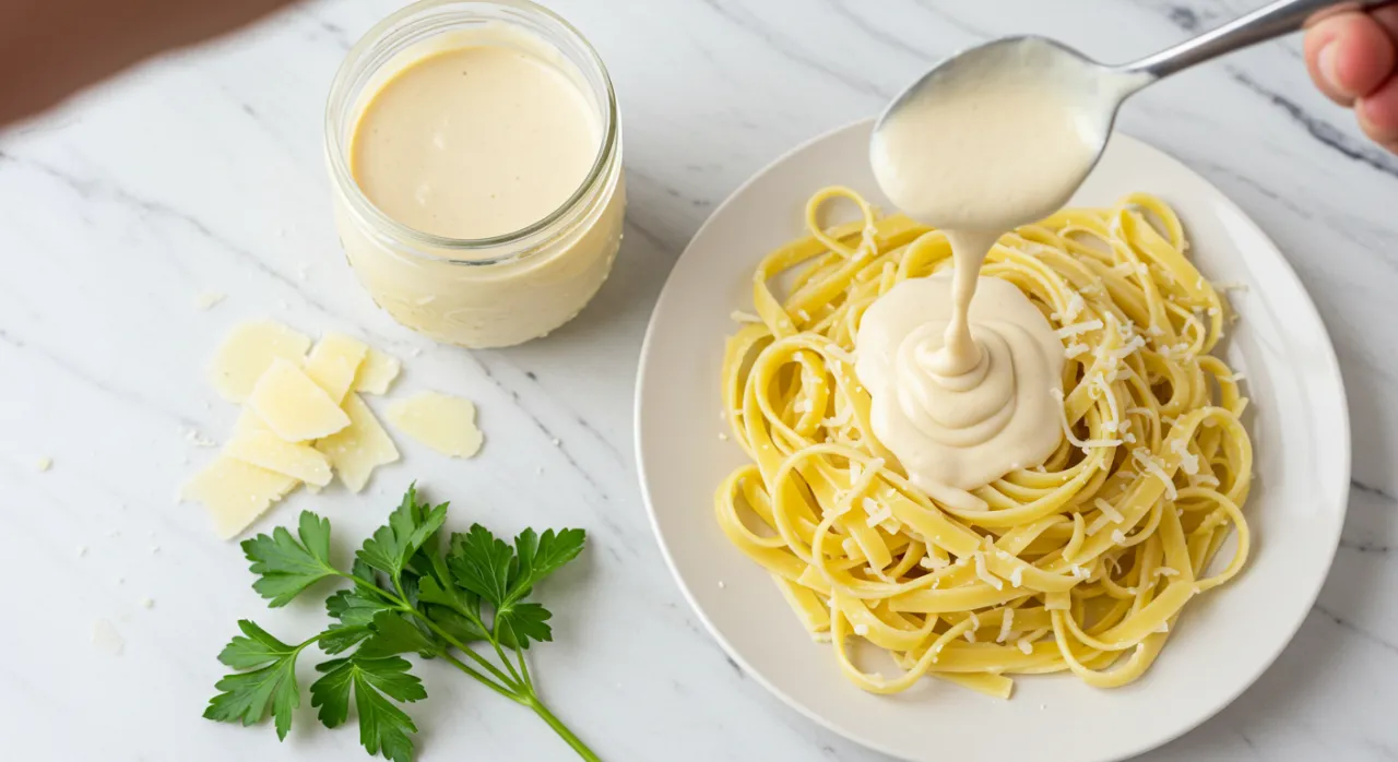 ar of Classico Alfredo Sauce with drizzled pasta on marble counter