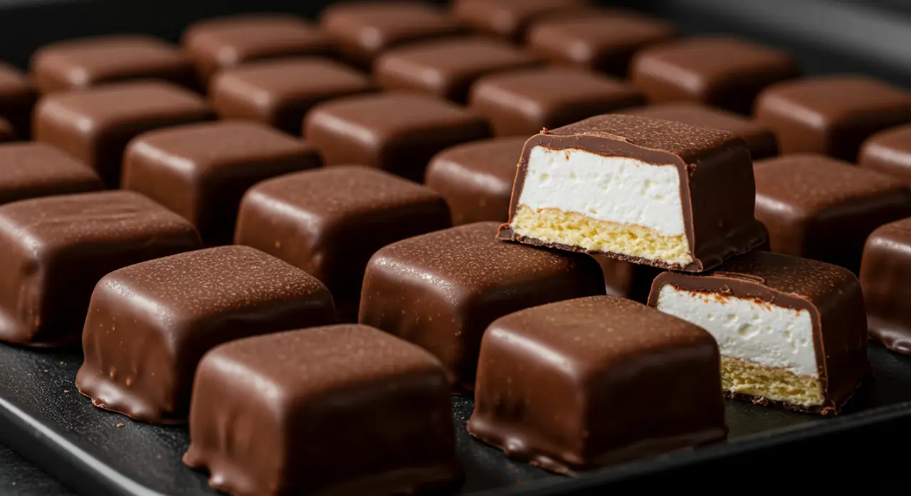 Homemade Cool Whip candy with a creamy texture, coated in chocolate, arranged on a plate.