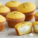 Fluffy egg cupcakes served with a dollop of creamy yogurt on the side, garnished with herbs.