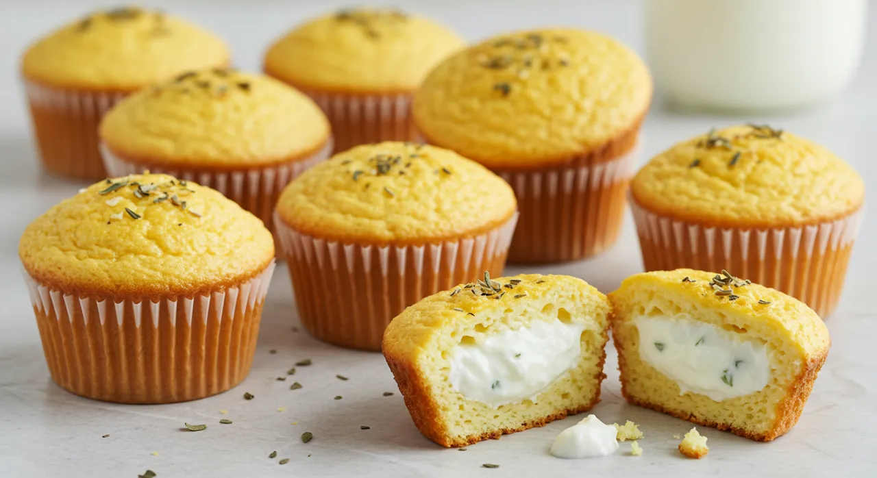 Fluffy egg cupcakes served with a dollop of creamy yogurt on the side, garnished with herbs.