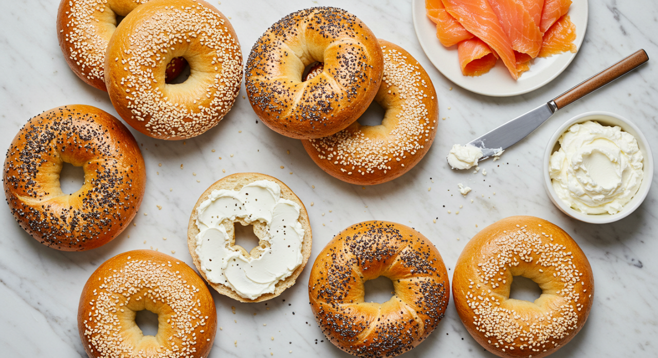 Freshly made bagels with sesame, poppy seeds, and plain toppings styled with cream cheese and smoked salmon on a marble surface.