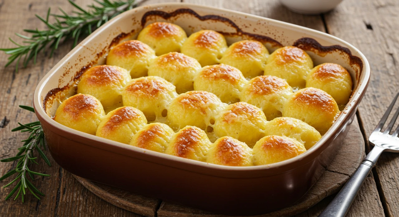 Golden and crispy gnocchi alla Romana served on a plate, garnished with fresh herbs and melted butter.