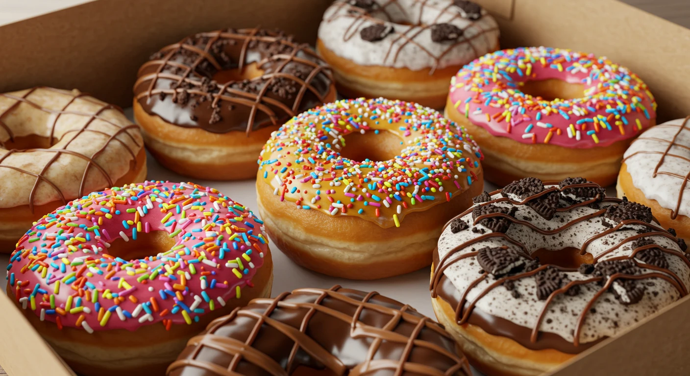 Assorted gourmet donuts with colorful glazes, sprinkles, and unique toppings arranged on a rustic wooden tray.